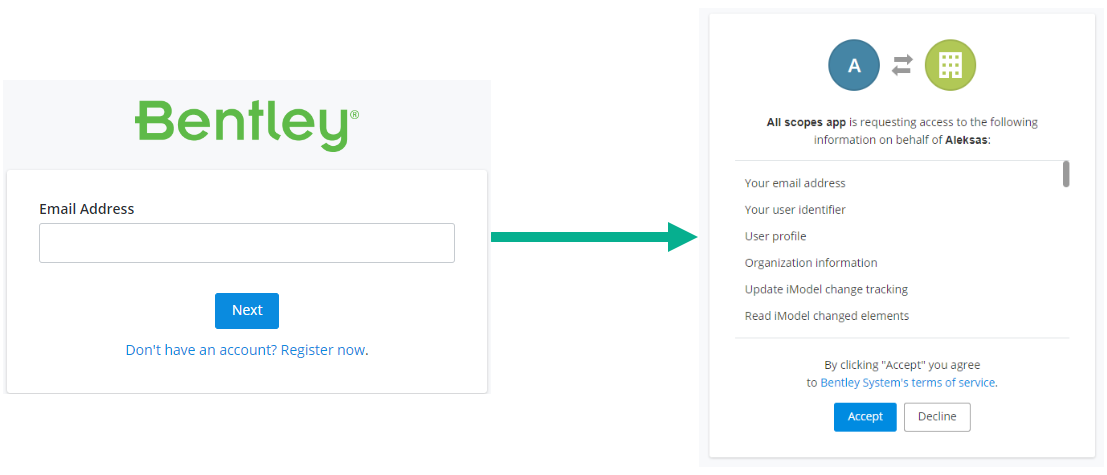 User interface for facing Bentley authorization server