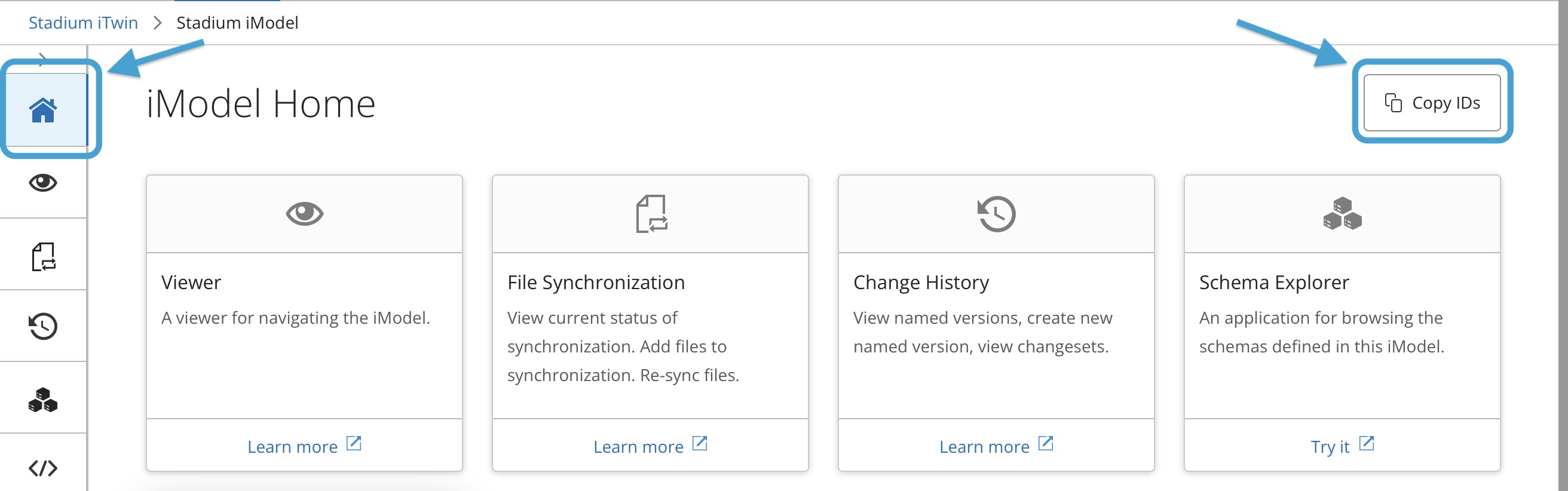 An image of the iModel home page with the copy ID button on the top right