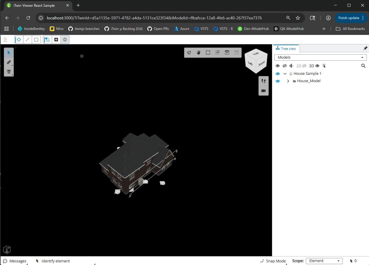 iTwin Web Viewer displaying the House Model sample iModel after completing all prerequisites.