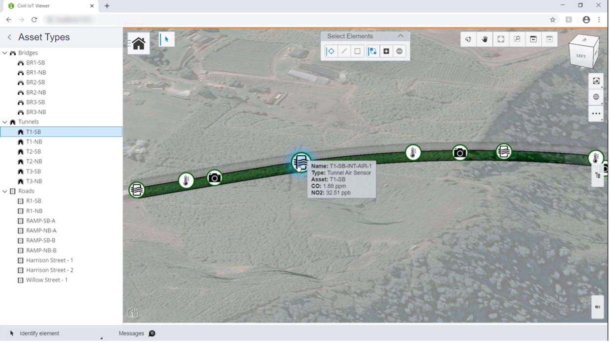 Example 4 − An iTwin of a roadway that uses IoT sensors to keep track of the asset’s health.