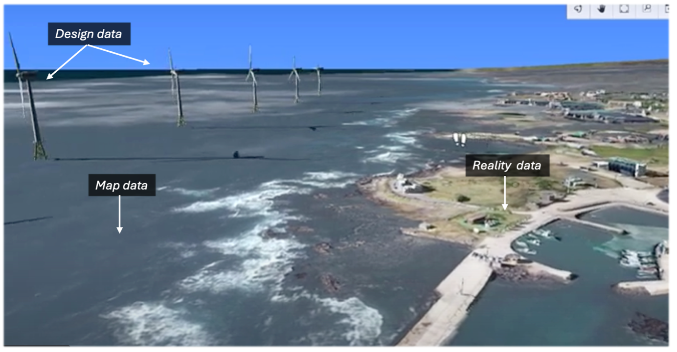 Example 3 − An iTwin containing design data of a wind farm and reality data of a nearby town, presented on a map.