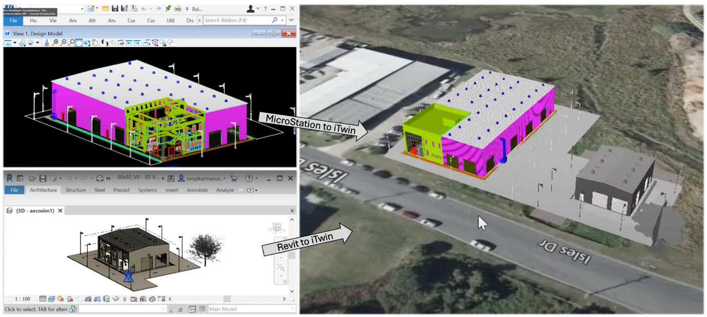 Example 1 - A .dgn file from MicroStation and a .rvt file from Revit synchronized into the same iModel of an iTwin.