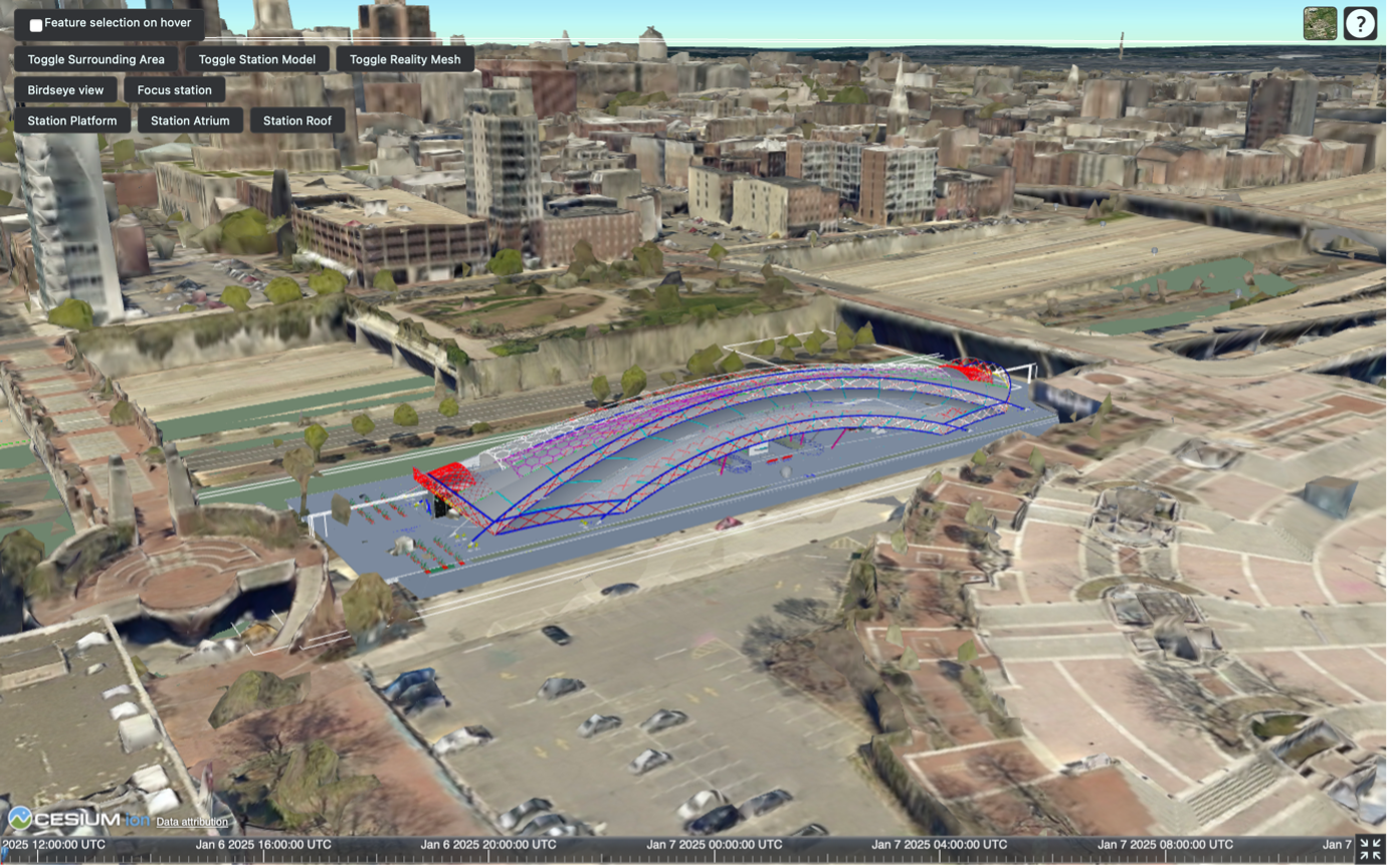 Example 4 – An iTwin of a Metro station visualized with Cesium.js for geospatial context.